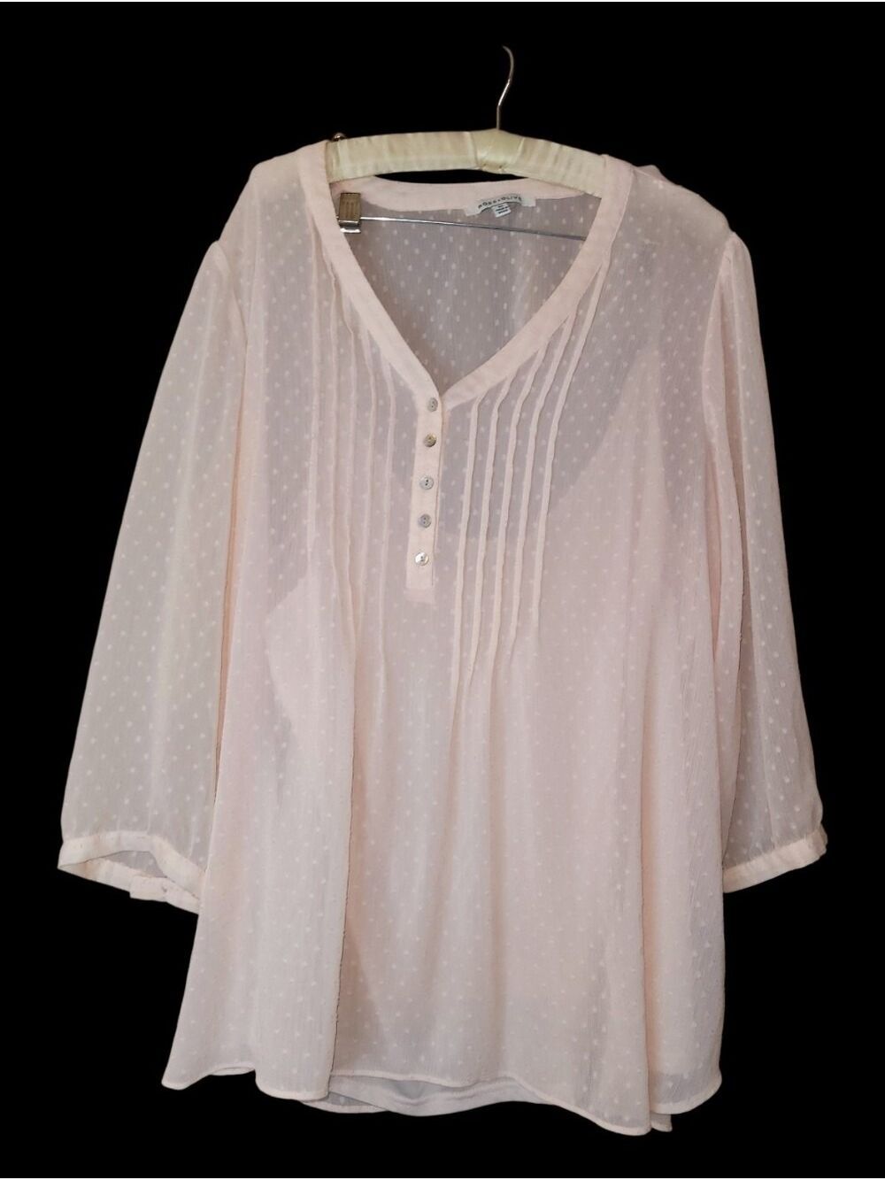Rose & Olive Pale Pink Feminine Pin Tuck Swiss Dot Blouse 3/4 Length Sleeves 2X